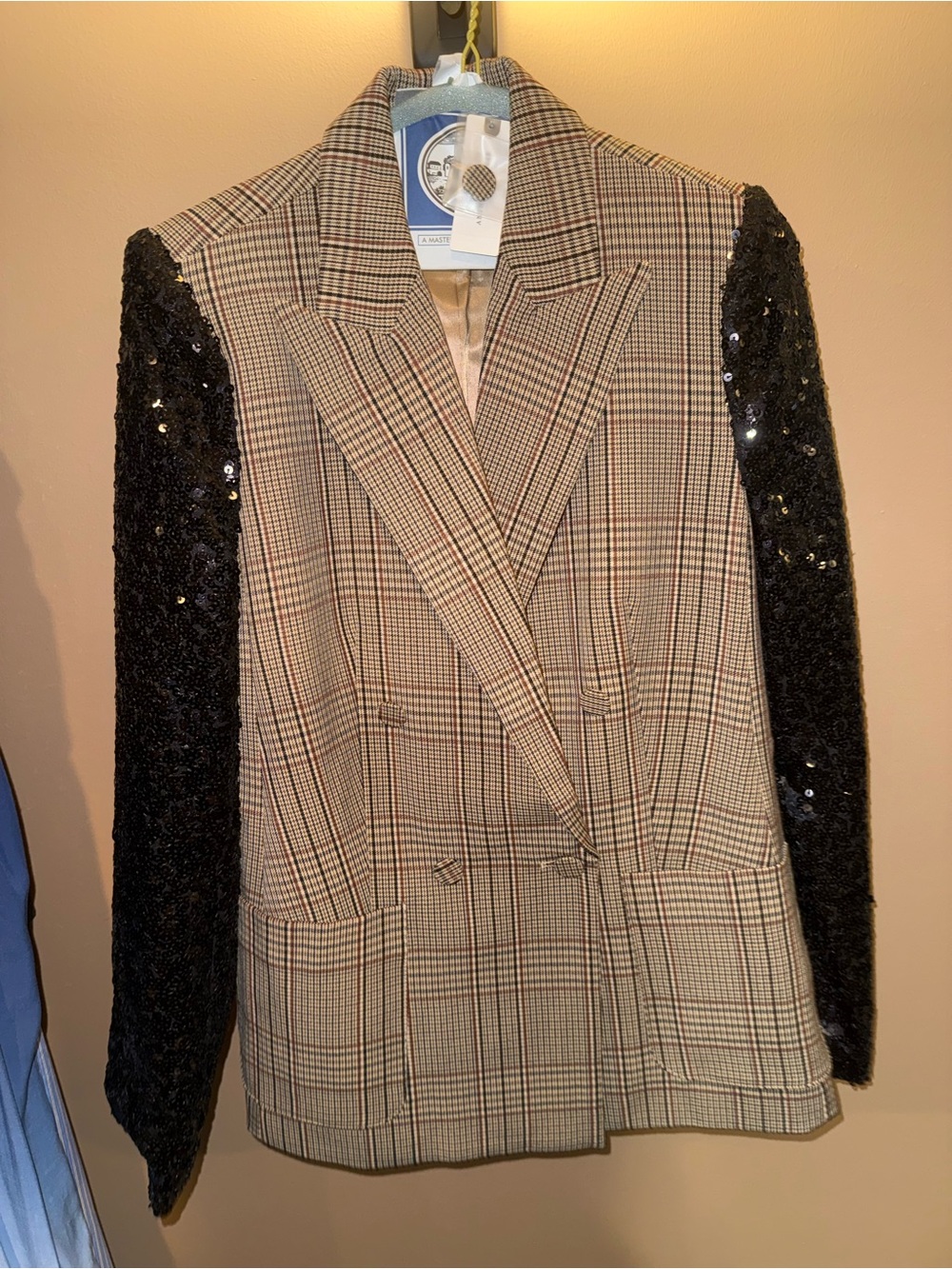 Plaid Double-Breasted Blazer with Black Sequin Sleeves